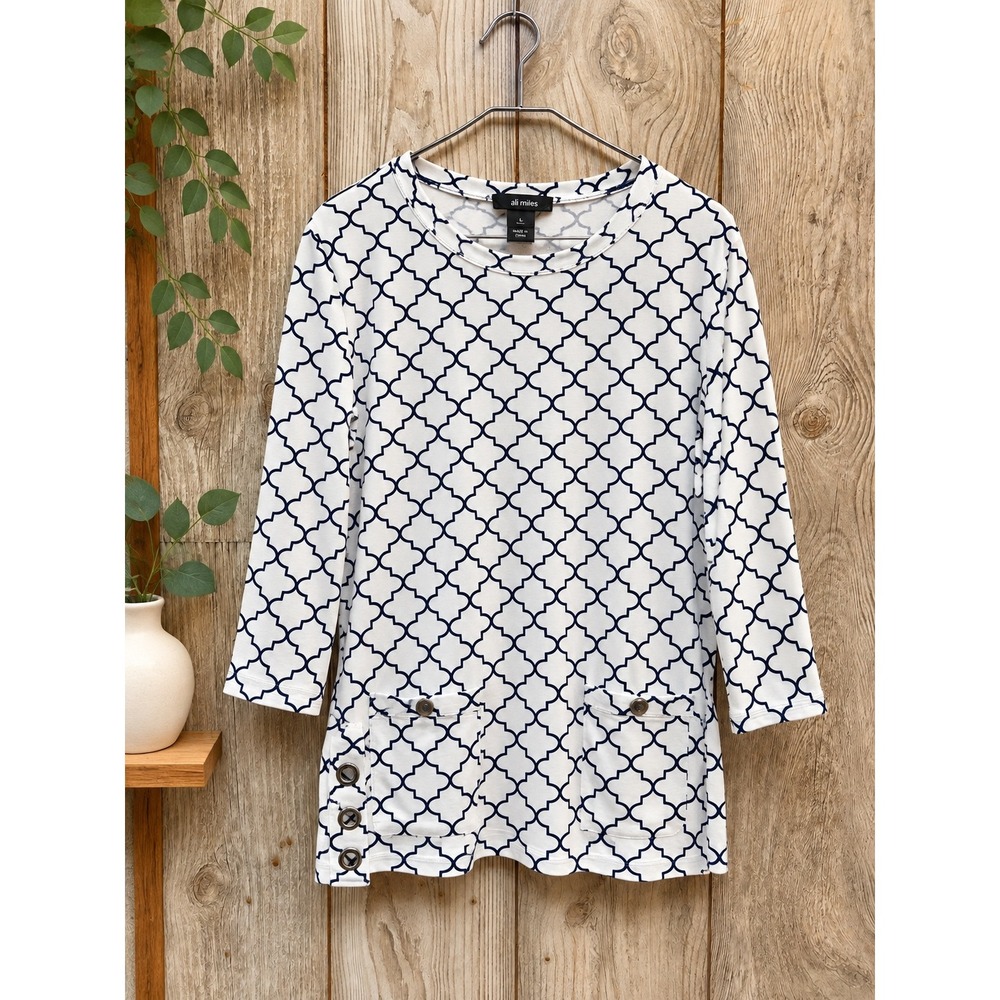 Ali Miles Womens Large black  White Trellis Print 3/4 Sleeve Tunic Top Pockets